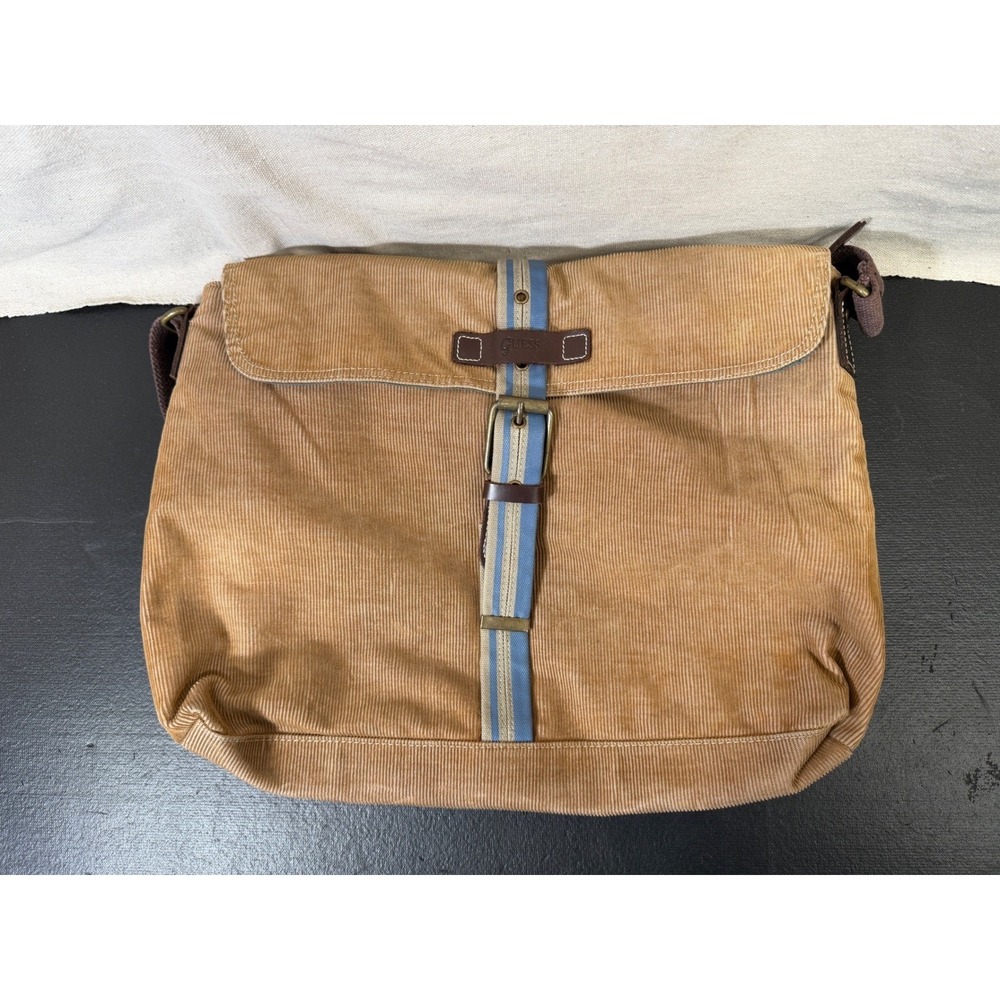 Guess Messenger Bag Unisex Large Tan Vintage F-3 Corduroy Y2K‎ Skater Utility